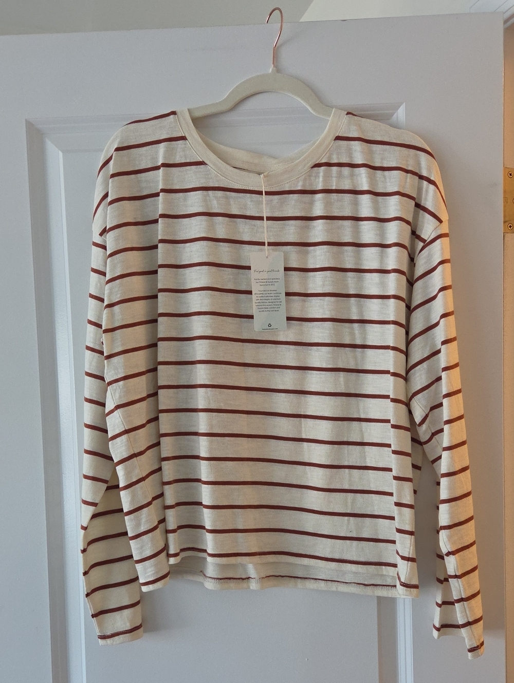 Thread & Supply Cream Long-Sleeve Tee with Rust Stripes
